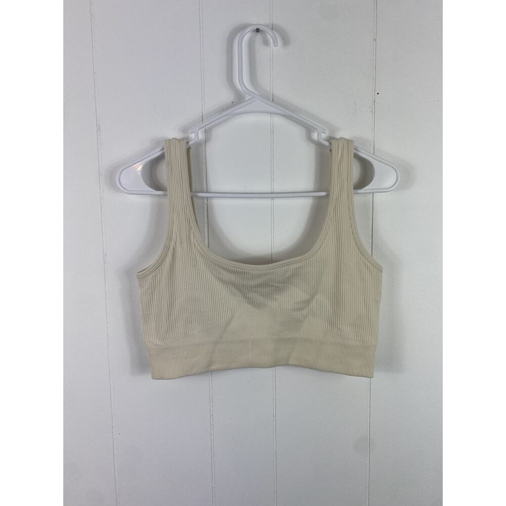 OQQ Ribbed Sports Bra Square Neck Women’s Size Large White Workout Seamless